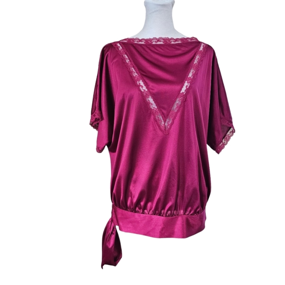 Retro 1980s 2 piece Pajama set Lace Detail Side Tie Top size M - Picture 3 of 16